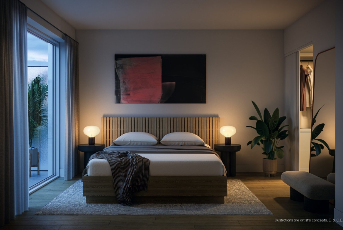 A modern bedroom at night in new condos featuring a large bed with white bedding and tan headboard, flanked by two round bedside tables with lamps. An abstract painting hangs above the bed, and a