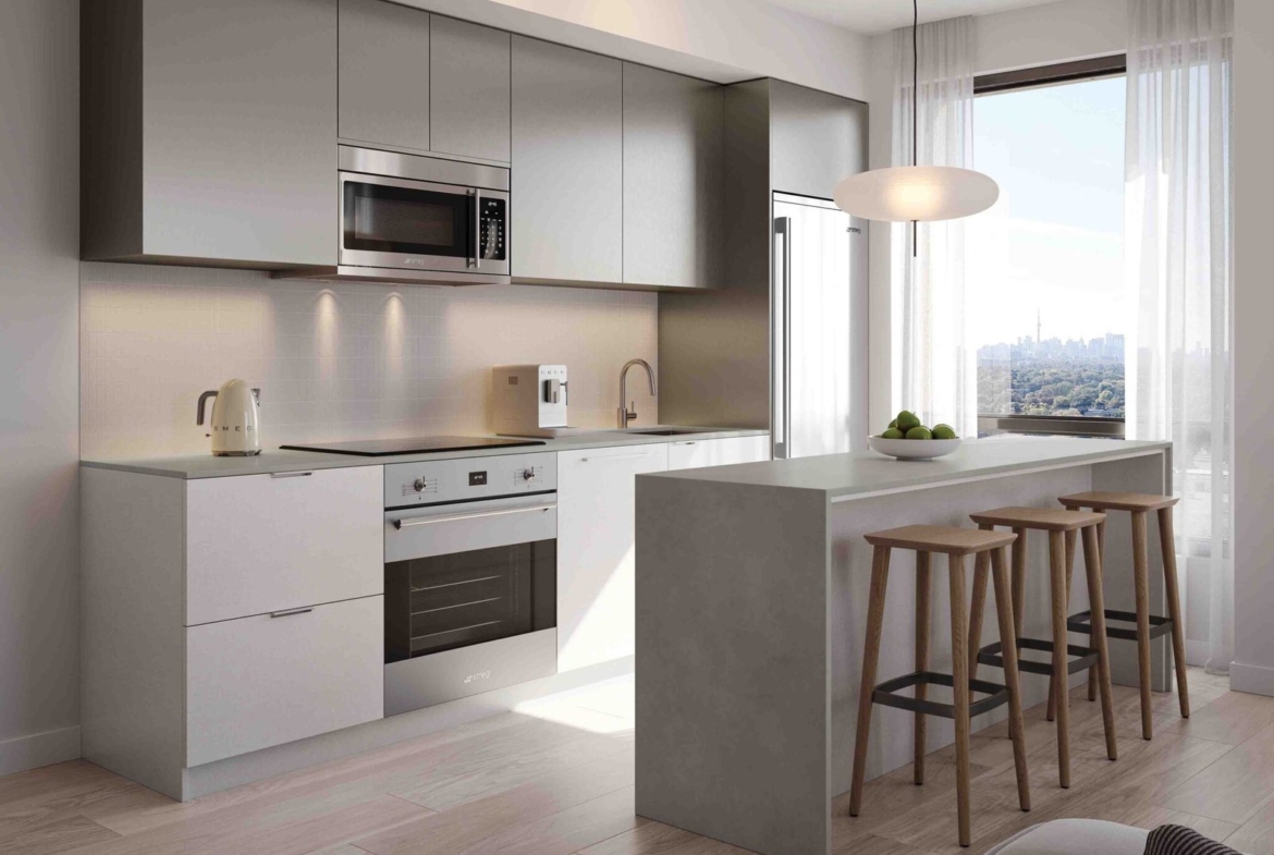 Modern kitchen in new condos with clean lines, featuring a white and gray color scheme, built-in appliances, an island with stools, and a large window with a city view.