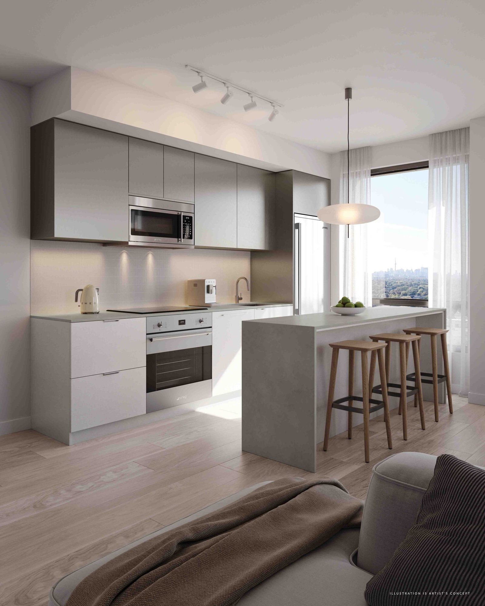 Modern kitchen in new condos with clean lines, featuring a white and gray color scheme, built-in appliances, an island with stools, and a large window with a city view. Modern kitchen in new condos with clean lines, featuring a white and gray color scheme, built-in appliances, an island with stools, and a large window with a city view.