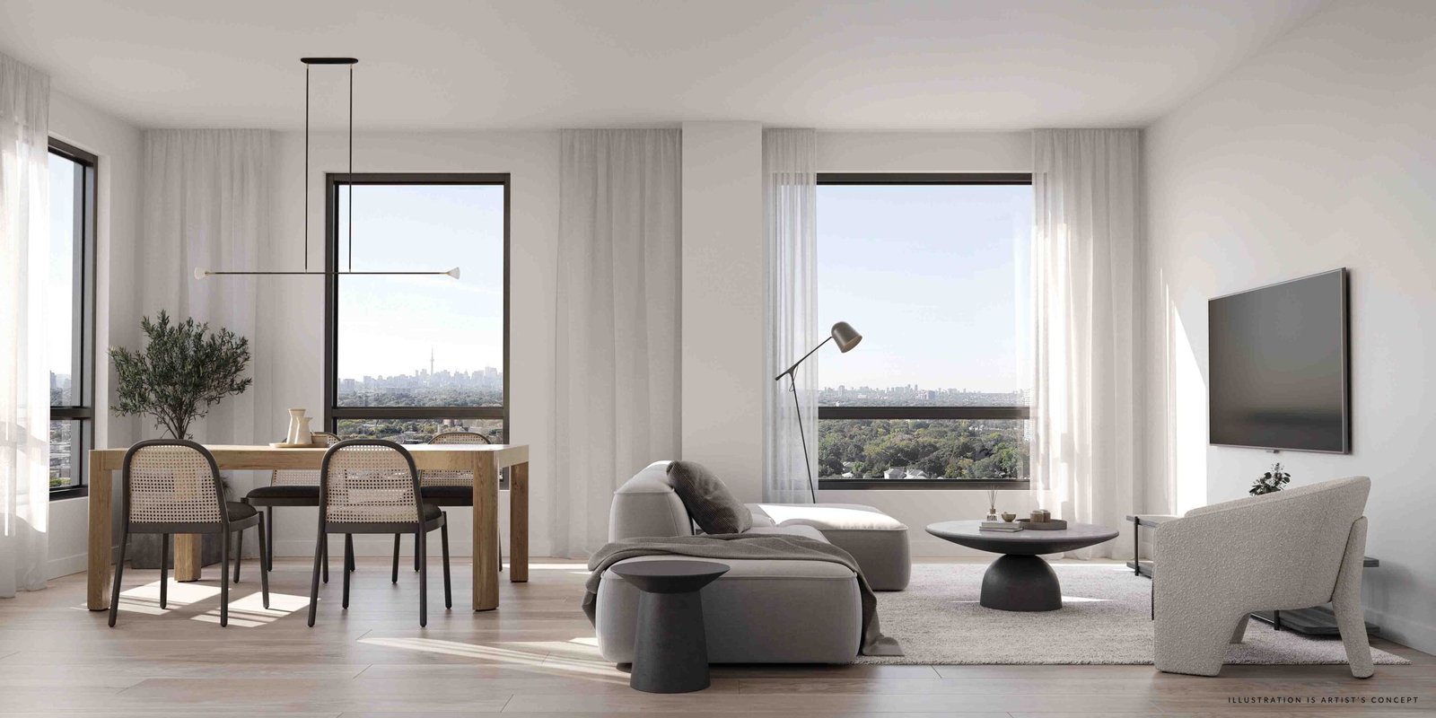 A modern, spacious living room in New condos with large windows offering a cityscape view, featuring a neutral color palette, contemporary furniture, and a minimalist design. A modern, spacious living room in New condos with large windows offering a cityscape view, featuring a neutral color palette, contemporary furniture, and a minimalist design.