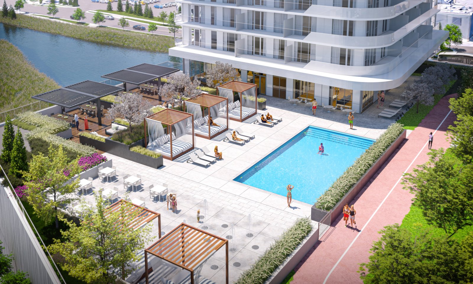 A modern, high-rise residential complex features an outdoor swimming pool, poolside cabanas, outdoor seating, and landscaped gardens. Residents relax by the pool and enjoy the amenities of these new homes in GTA, with a canal and parking lot visible in the background.