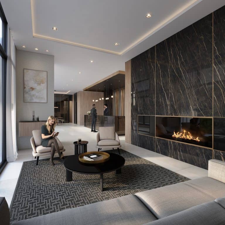 A modern living area features sleek furniture, including a gray sofa and round coffee table on a patterned rug. A fireplace with a dark marbled wall adds warmth, while people are seen engaging in leisure activities. Large windows let in abundant natural light, reminiscent of the ambiance at Landing Condos.