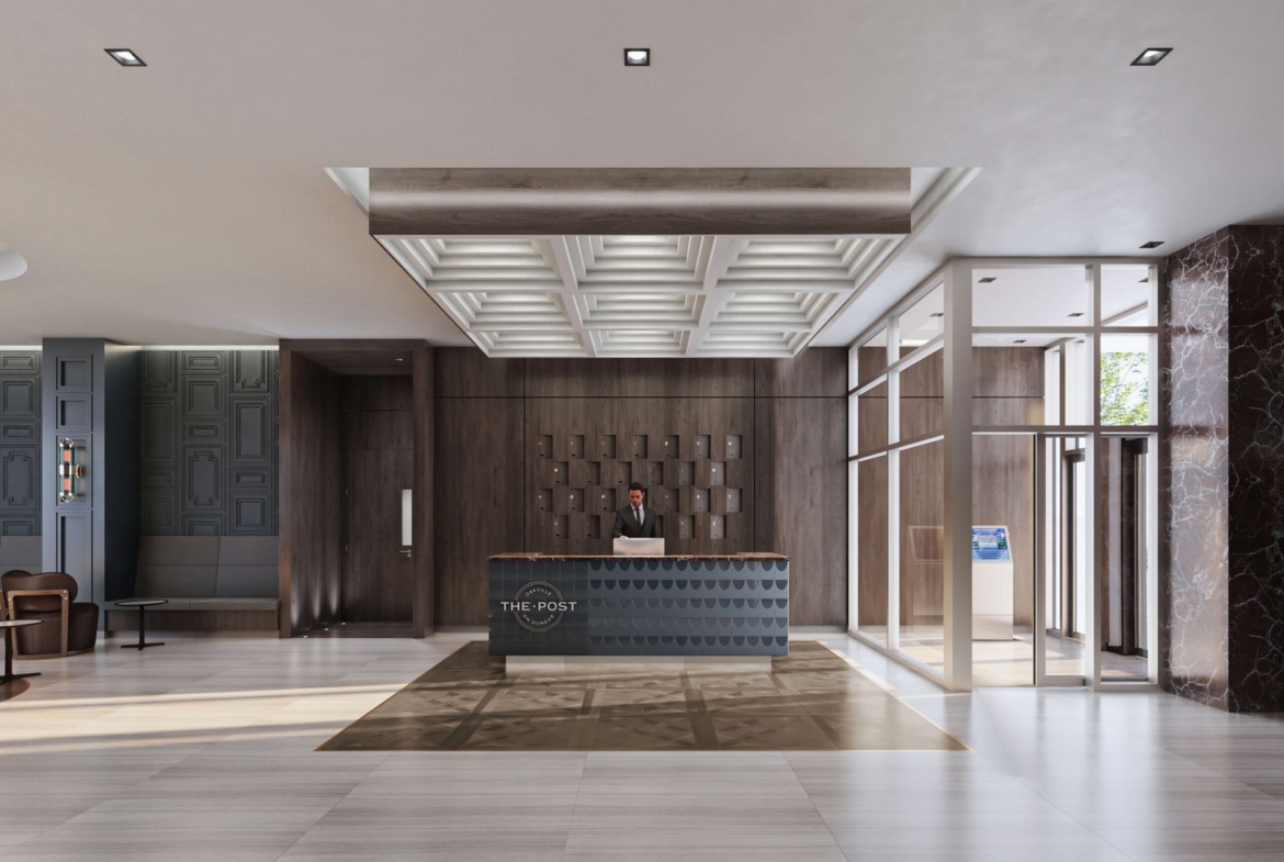 Discover a modern hotel lobby featuring a reception desk where a friendly staff member awaits amid stylish design elements like wood paneling and geometric ceiling patterns. The large windows invite abundant natural light, creating an inviting ambiance reminiscent of new homes in Toronto.