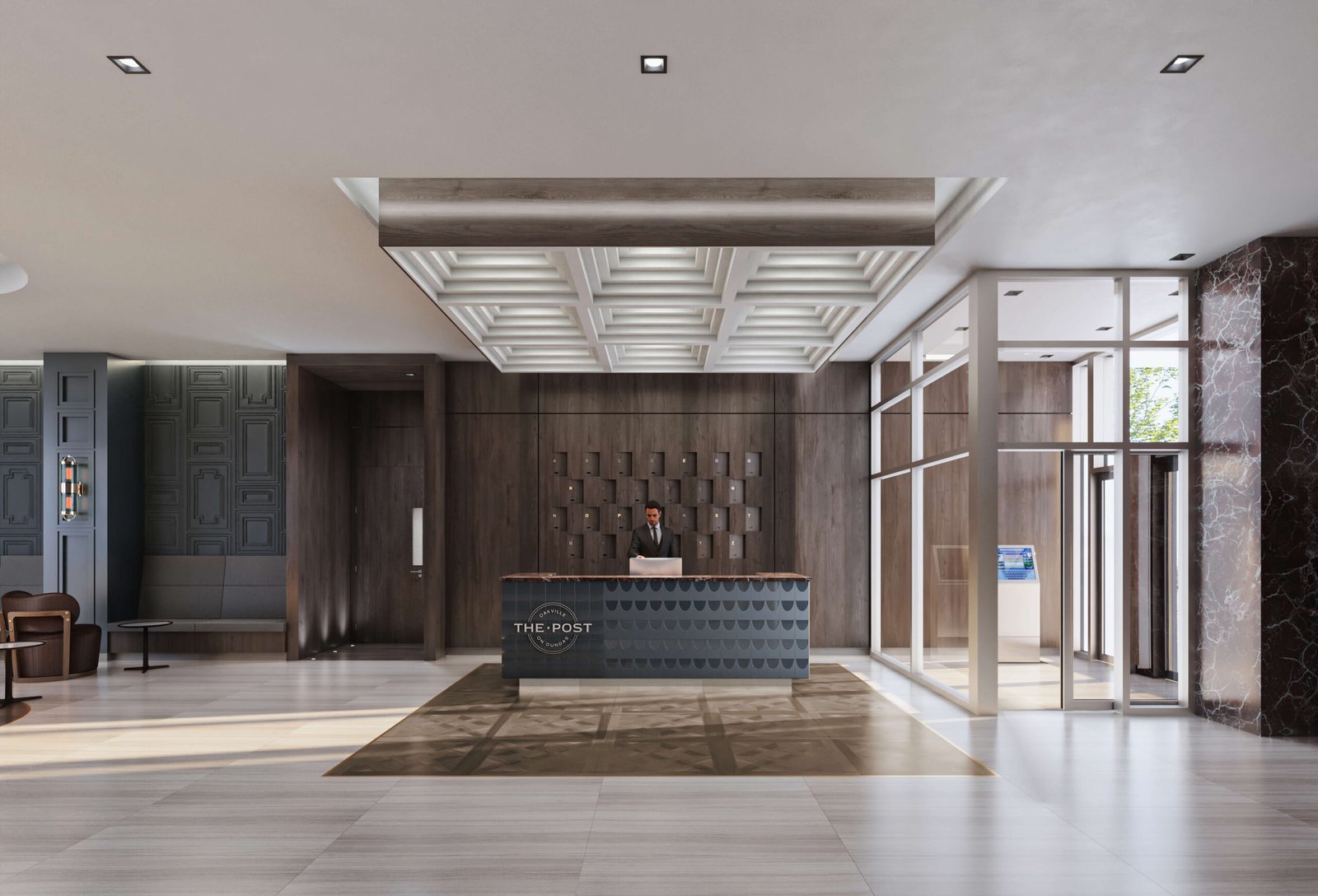 Discover a modern hotel lobby featuring a reception desk where a friendly staff member awaits amid stylish design elements like wood paneling and geometric ceiling patterns. The large windows invite abundant natural light, creating an inviting ambiance reminiscent of new homes in Toronto.