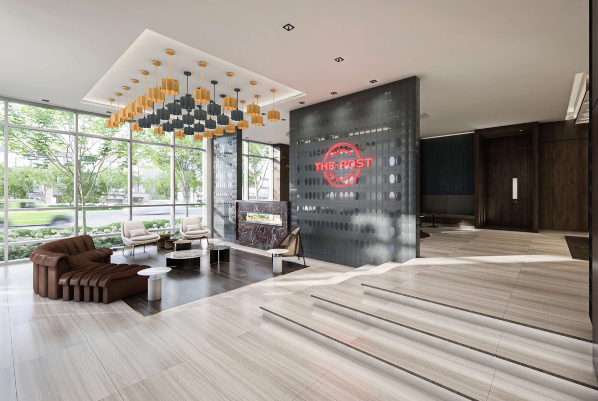 The modern lobby, with its sleek design, features a seating area with brown sofas, a coffee table, and unique pendant lights. A wall adorned with "THE POST" sign adds a contemporary touch. Large windows reveal the greenery outside, evoking the fresh allure of new homes.
