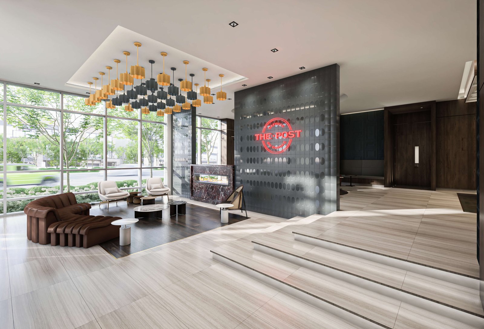 The modern lobby, with its sleek design, features a seating area with brown sofas, a coffee table, and unique pendant lights. A wall adorned with "THE POST" sign adds a contemporary touch. Large windows reveal the greenery outside, evoking the fresh allure of new homes.