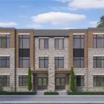 A row of modern three-story townhouses with stone and brick facades, large rectangular windows, and narrow front doors. Tall, slender trees are planted in front of the buildings, casting a refreshing green hue. A wide, clean sidewalk lines the street under a partly cloudy sky, evoking a sense of victory in tranquility.