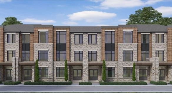 A row of modern three-story townhouses with stone and brick facades, large rectangular windows, and narrow front doors. Tall, slender trees are planted in front of the buildings, casting a refreshing green hue. A wide, clean sidewalk lines the street under a partly cloudy sky, evoking a sense of victory in tranquility.