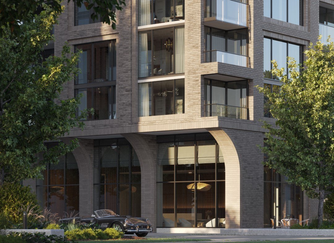 Modern multi-story building with large windows and balconies, situated in the lush District of Arcadia. The lower level features tall glass facades with arches. A car is parked in front, surrounded by trees and greenery. Text at the bottom claims the illustration is an artist's concept of Arcadia Condos.