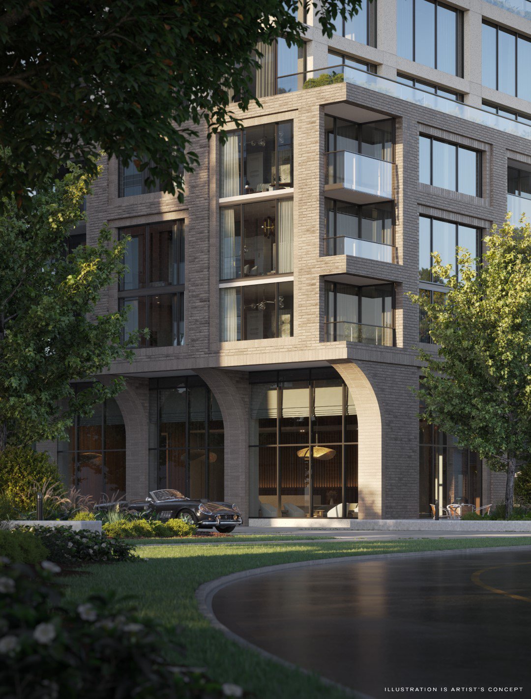 Modern multi-story building with large windows and balconies, situated in the lush District of Arcadia. The lower level features tall glass facades with arches. A car is parked in front, surrounded by trees and greenery. Text at the bottom claims the illustration is an artist’s concept of Arcadia Condos. Modern multi-story building with large windows and balconies, situated in the lush District of Arcadia. The lower level features tall glass facades with arches. A car is parked in front, surrounded by trees and greenery. Text at the bottom claims the illustration is an artist's concept of Arcadia Condos.