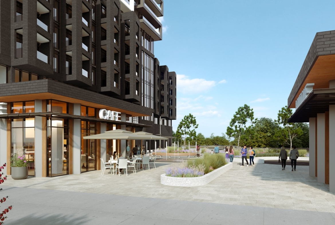 A modern urban plaza with people chatting and walking, featuring a cafe with outdoor seating, contemporary buildings, Gagan Bector, and landscaped areas.