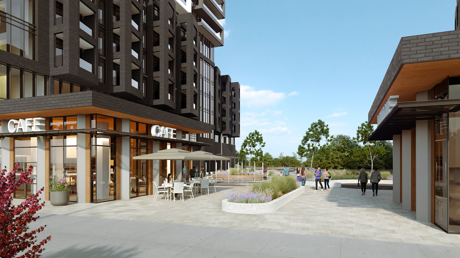 A modern urban plaza with people chatting and walking, featuring a cafe with outdoor seating, contemporary buildings, Gagan Bector, and landscaped areas.