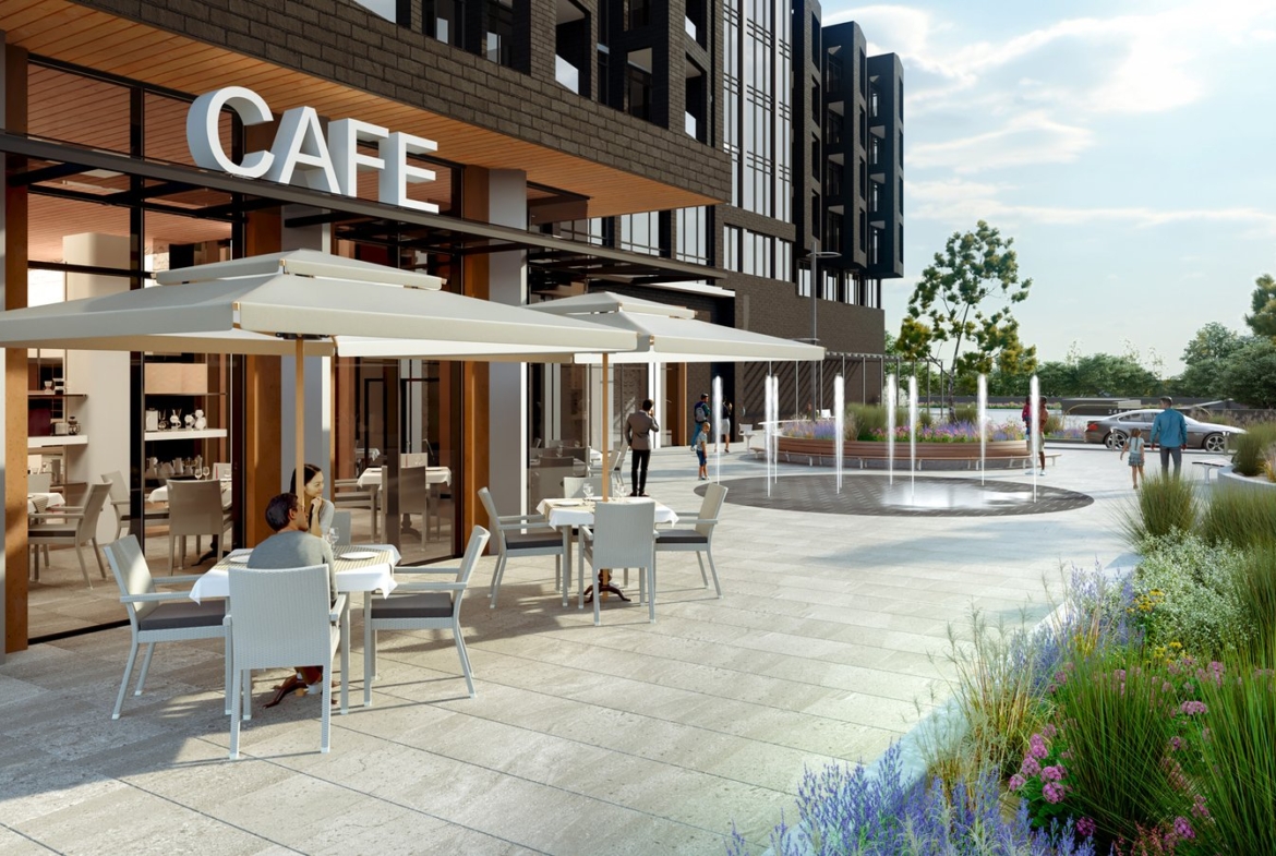 An architectural rendering of a modern café with outdoor seating under large umbrellas, adjacent to sleek New condos. People are casually interacting in a landscaped area with plants and flowers.