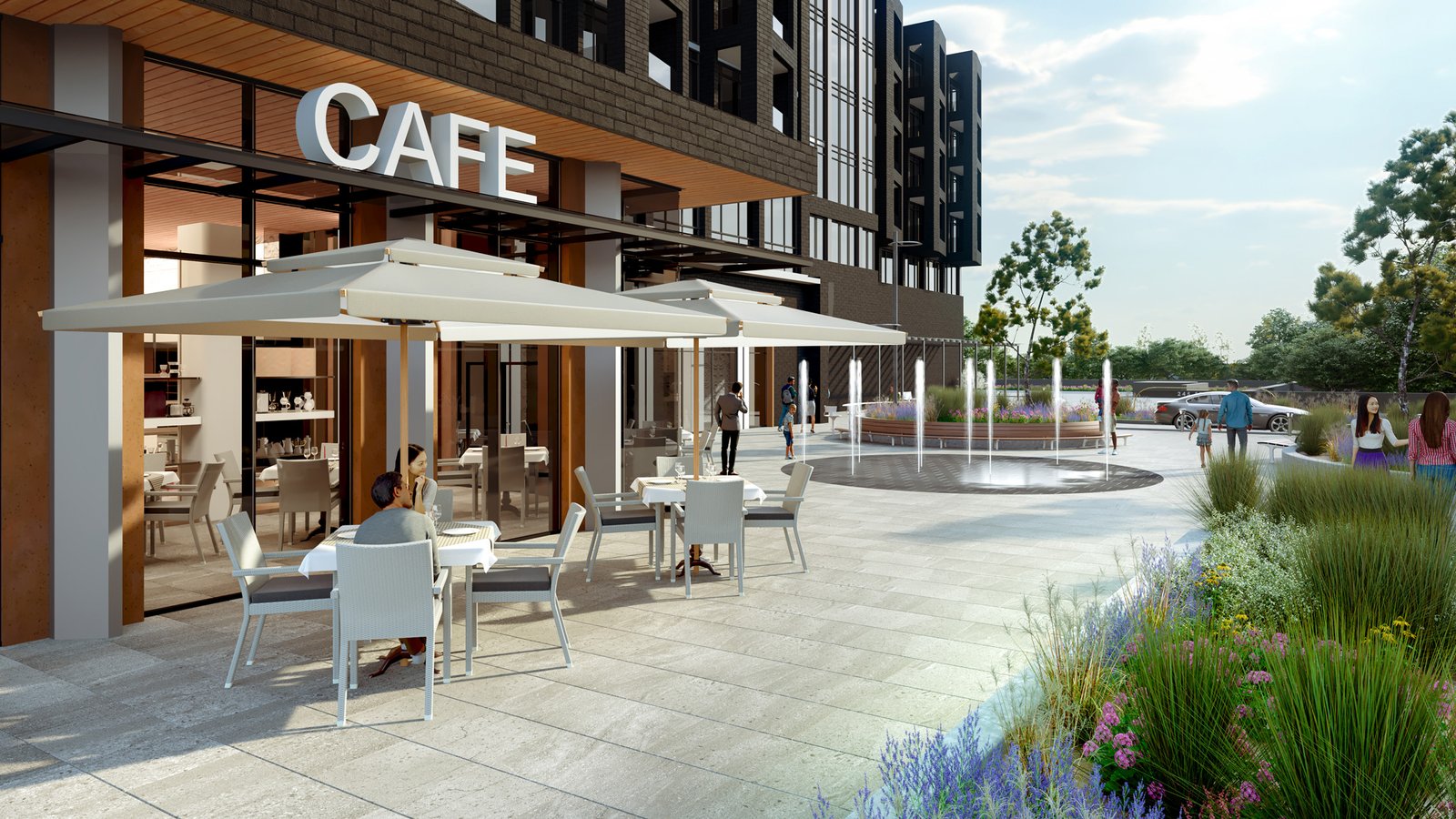 An architectural rendering of a modern café with outdoor seating under large umbrellas, adjacent to sleek New condos. People are casually interacting in a landscaped area with plants and flowers.