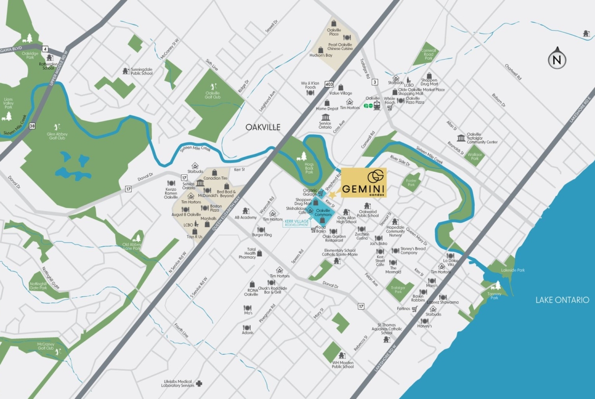 A detailed map of downtown Oakville featuring streets, various landmarks, New condos, and Pre-construction Homes, with Lake Ontario to the southeast and highlighted areas suggesting specific regions like Gemini.