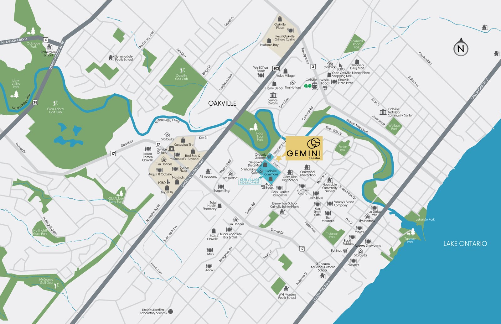 A detailed map of downtown Oakville featuring streets, various landmarks, New condos, and Pre-construction Homes, with Lake Ontario to the southeast and highlighted areas suggesting specific regions like Gemini.