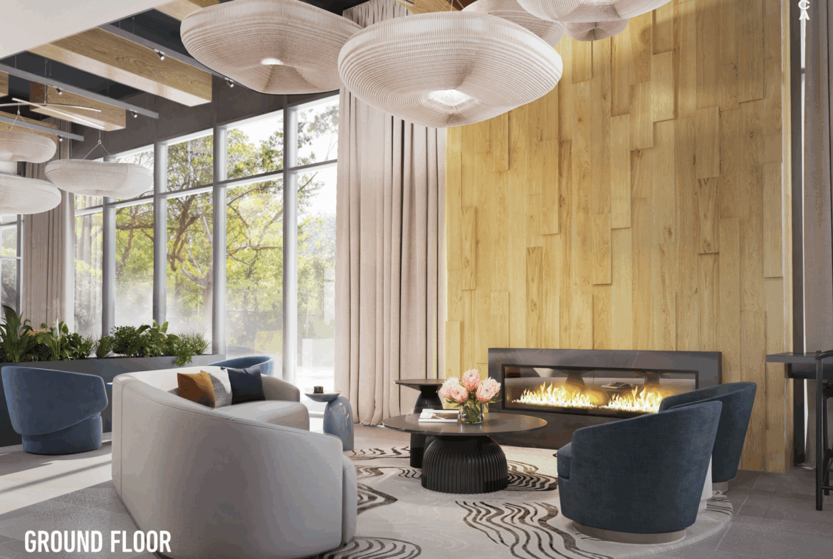 The stylish lounge in new homes features modern armchairs and a coffee table centered around a contemporary fireplace. Large windows allow natural light to enhance the wood-paneled wall, while unique ceiling lights add an artistic touch. Text reads "Ground Floor Lounge.