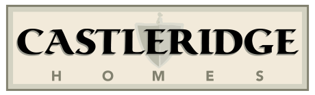 Logo of Castleridge Homes showcasing stylized text within a beige rectangular frame, with a small shield icon above the text, emphasizing new homes in GTA.
