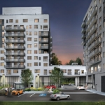 Modern urban residential buildings at dusk with illuminated windows, featuring New condos and Gagan Bector, and a parking lot with cars.