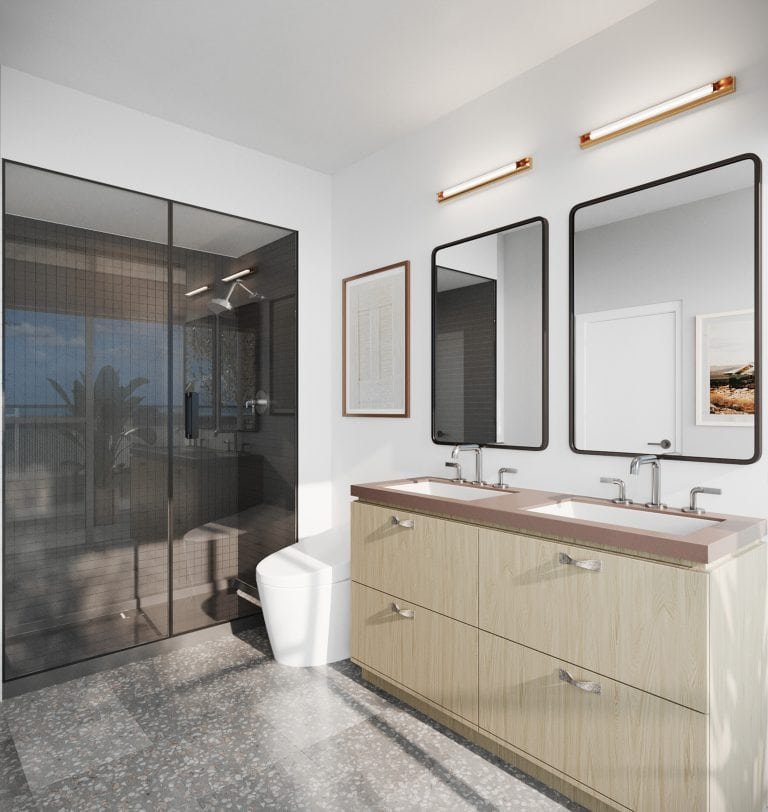 A modern bathroom in a pre-construction home features a double vanity with light wood cabinets and rectangular mirrors, a glass shower enclosure, and a toilet. Artwork hangs on the walls, and a window