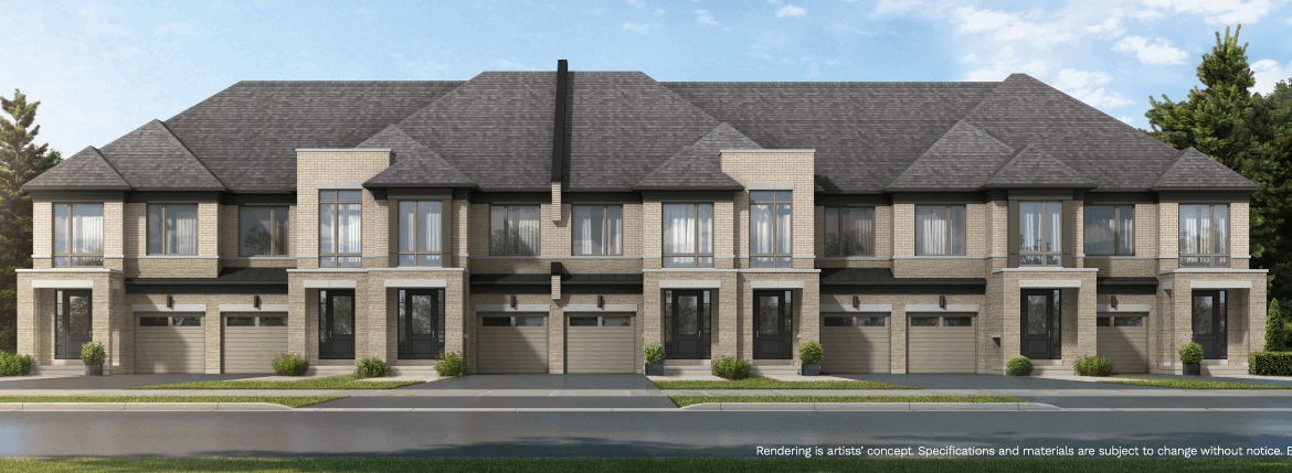 A row of modern two-story townhouses with brick and stone exteriors, featuring garages and large windows, set against a backdrop of blue sky and trees, these new homes in Toronto offer a perfect blend of style and comfort.