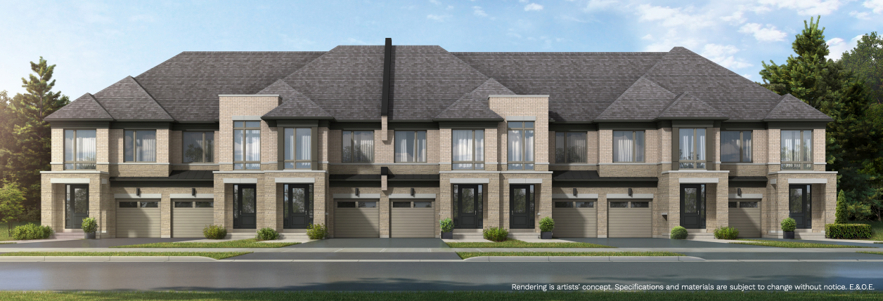 A row of modern two-story townhouses with brick and stone exteriors, featuring garages and large windows, set against a backdrop of blue sky and trees, these new homes in Toronto offer a perfect blend of style and comfort. A row of modern two-story townhouses with brick and stone exteriors, featuring garages and large windows, set against a backdrop of blue sky and trees, these new homes in Toronto offer a perfect blend of style and comfort.