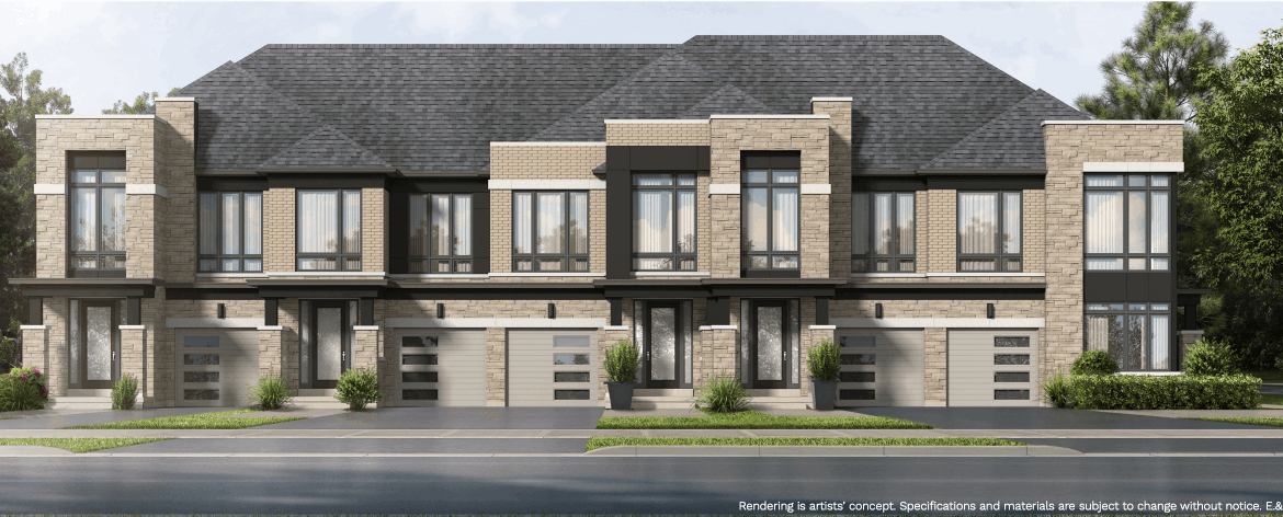 A row of modern two-story townhouses with brick and stone exteriors stands proudly, featuring large windows and single garages. These new homes are set against a backdrop of trees under a clear sky.