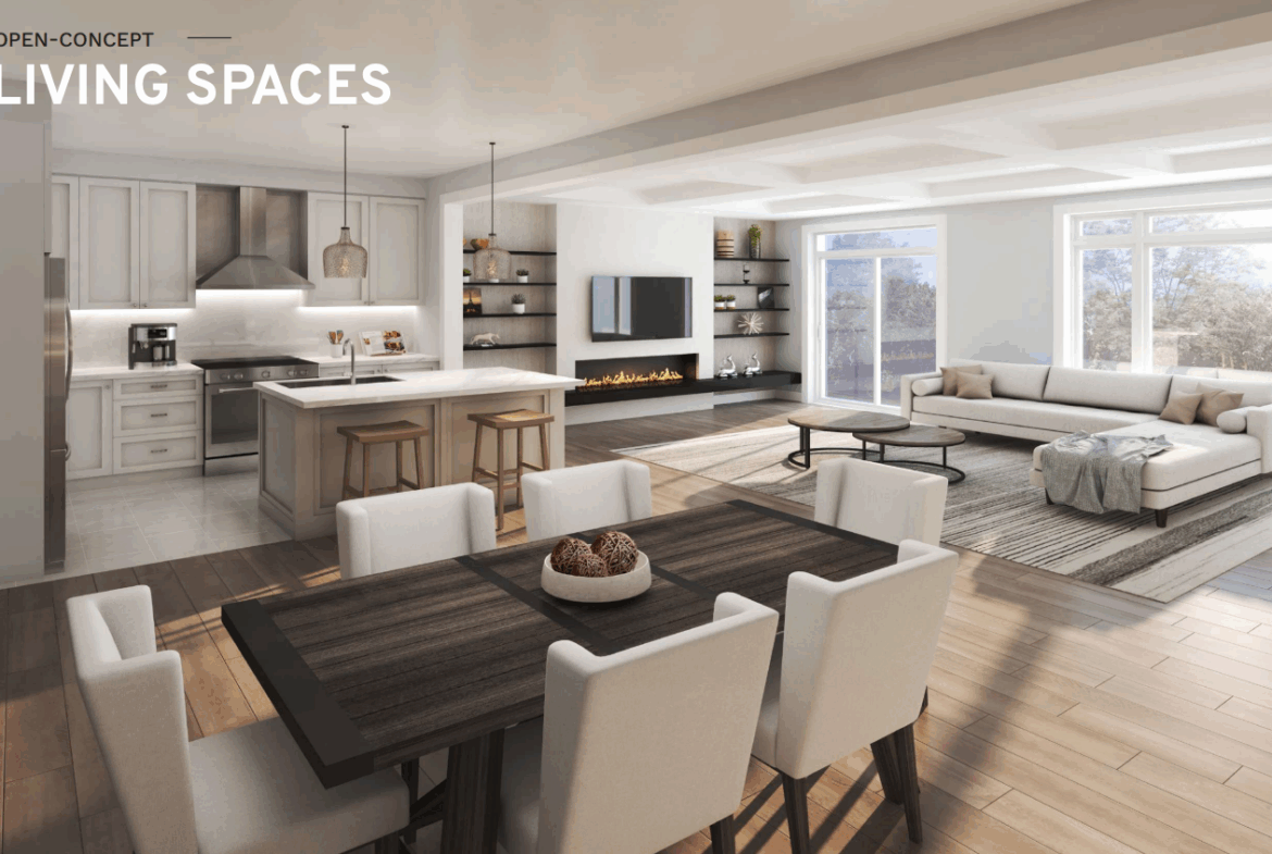 Discover a spacious open-concept living area in this new home, featuring a kitchen with an island, a dining table, and a cozy living room. Large windows let natural light illuminate the stylish space enhanced by a modern fireplace and wall-mounted TV. Ideal for those seeking new homes in Toronto.