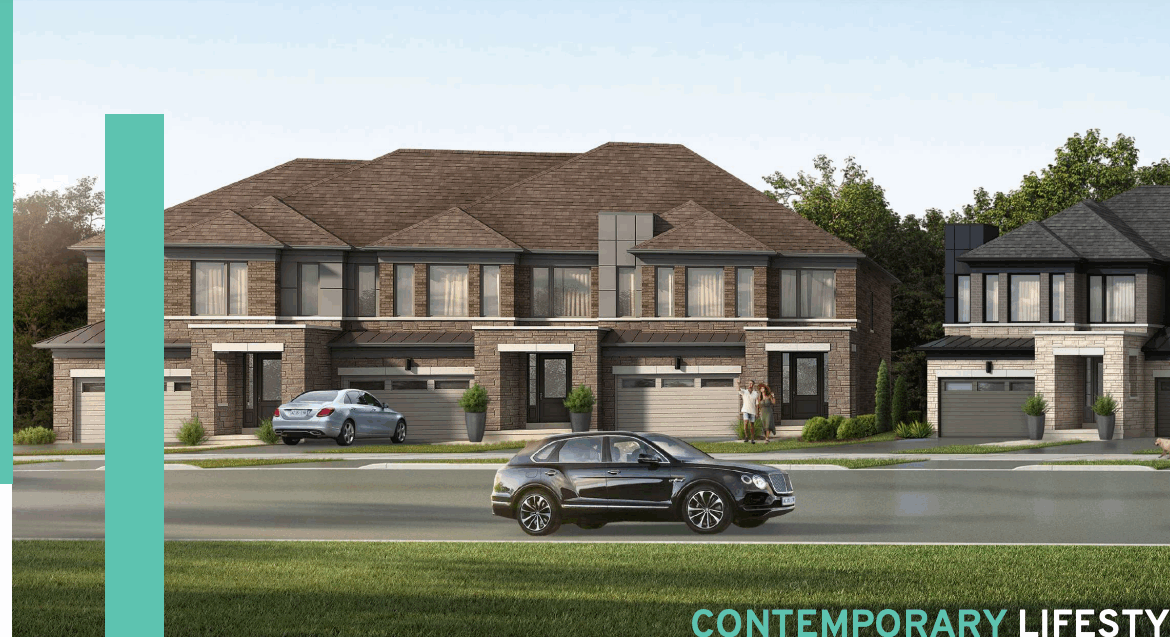 Street view of modern two-story houses with brick and siding exteriors. A car is parked in one driveway, while another drives by. Lush greenery surrounds these new homes, capturing the essence of a contemporary lifestyle in Toronto.