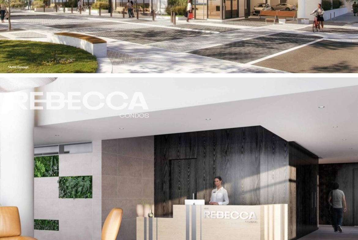Rebecca is a modern mixed-use building with a glass entrance, lobby with reception desk, co-working space with seating and workstations, and a fitness center. The exterior features green spaces and street-level retail. Experience the future of urban living with pre-construction homes in GTA at Rebecca.
