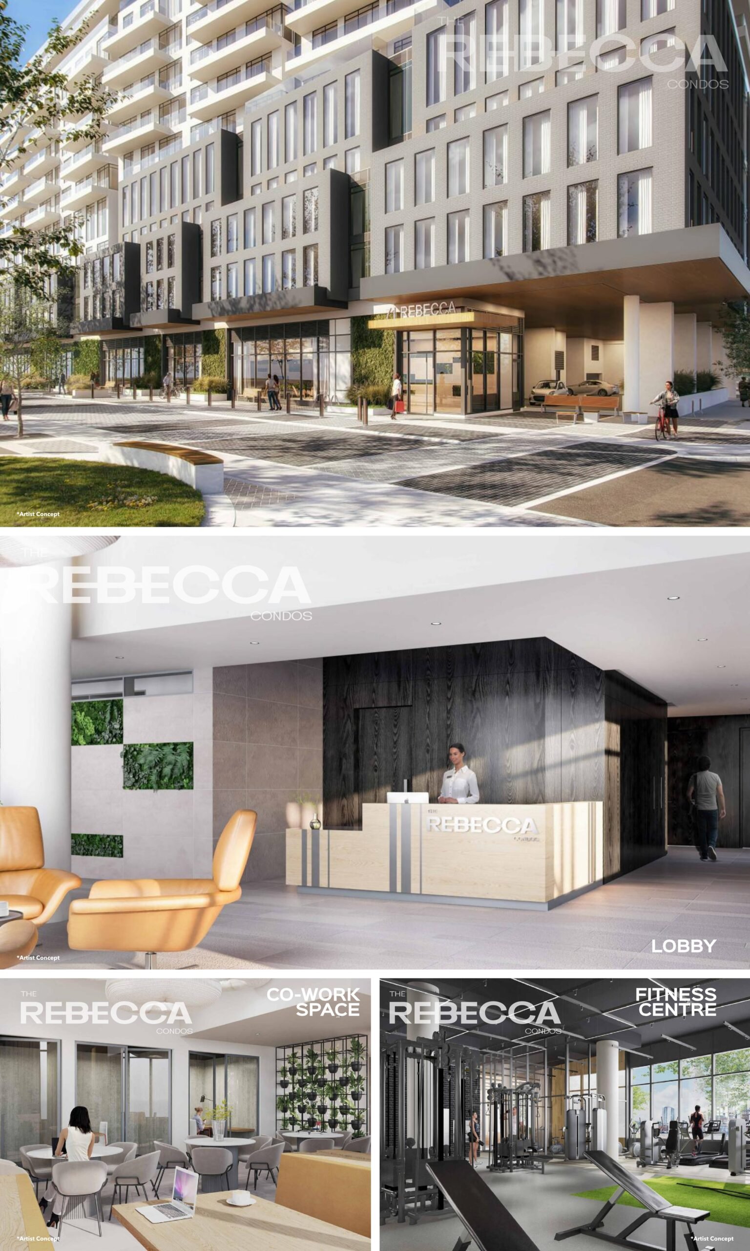 Rebecca is a modern mixed-use building with a glass entrance, lobby with reception desk, co-working space with seating and workstations, and a fitness center. The exterior features green spaces and street-level retail. Experience the future of urban living with pre-construction homes in GTA at Rebecca.
