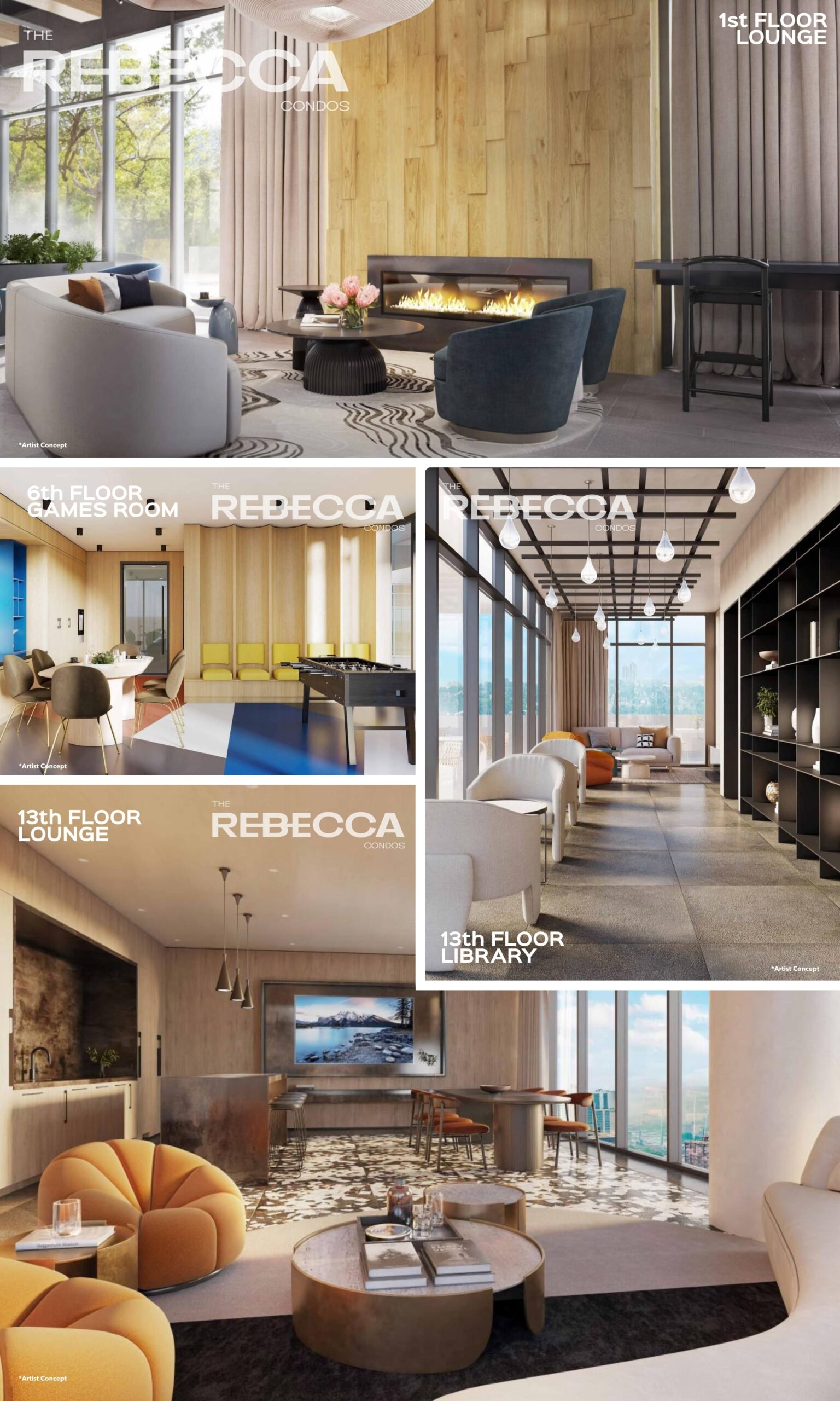 A collage image showcasing various amenities at "The Rebecca." Includes images of the 1st Floor Lounge with modern furniture and fireplace, the 8th Floor Games Room with game tables, the 13th Floor Lounge, and the 13th Floor Library with bookshelves and seating—perfect for those interested in new condos in GTA.