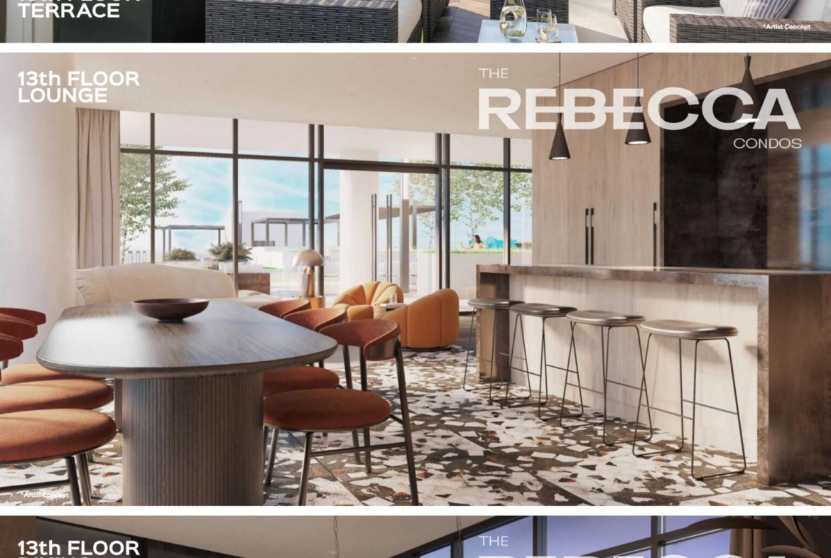 A three-panel image showcases luxurious areas of "The Rebecca Condos," one of the premier new condos in GTA. The first panel shows a terrace with seating and greenery, overlooking a city. The second features a lounge with modern seating and bar, while the third highlights a stylish dining area with large windows.