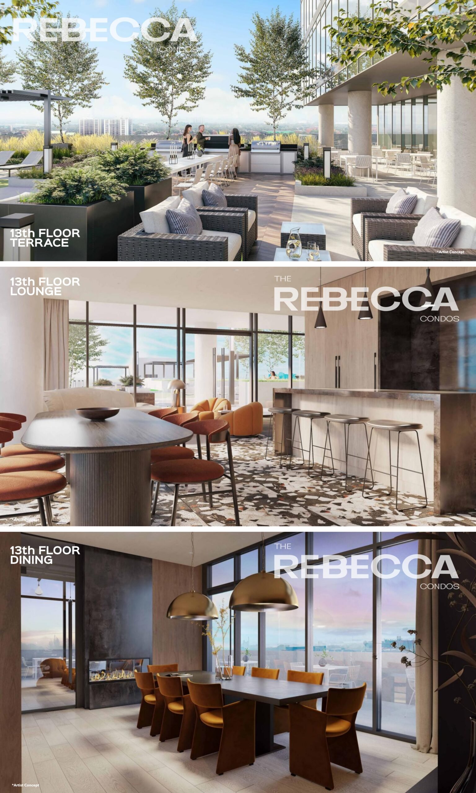 A three-panel image showcases luxurious areas of "The Rebecca Condos," one of the premier new condos in GTA. The first panel shows a terrace with seating and greenery, overlooking a city. The second features a lounge with modern seating and bar, while the third highlights a stylish dining area with large windows.