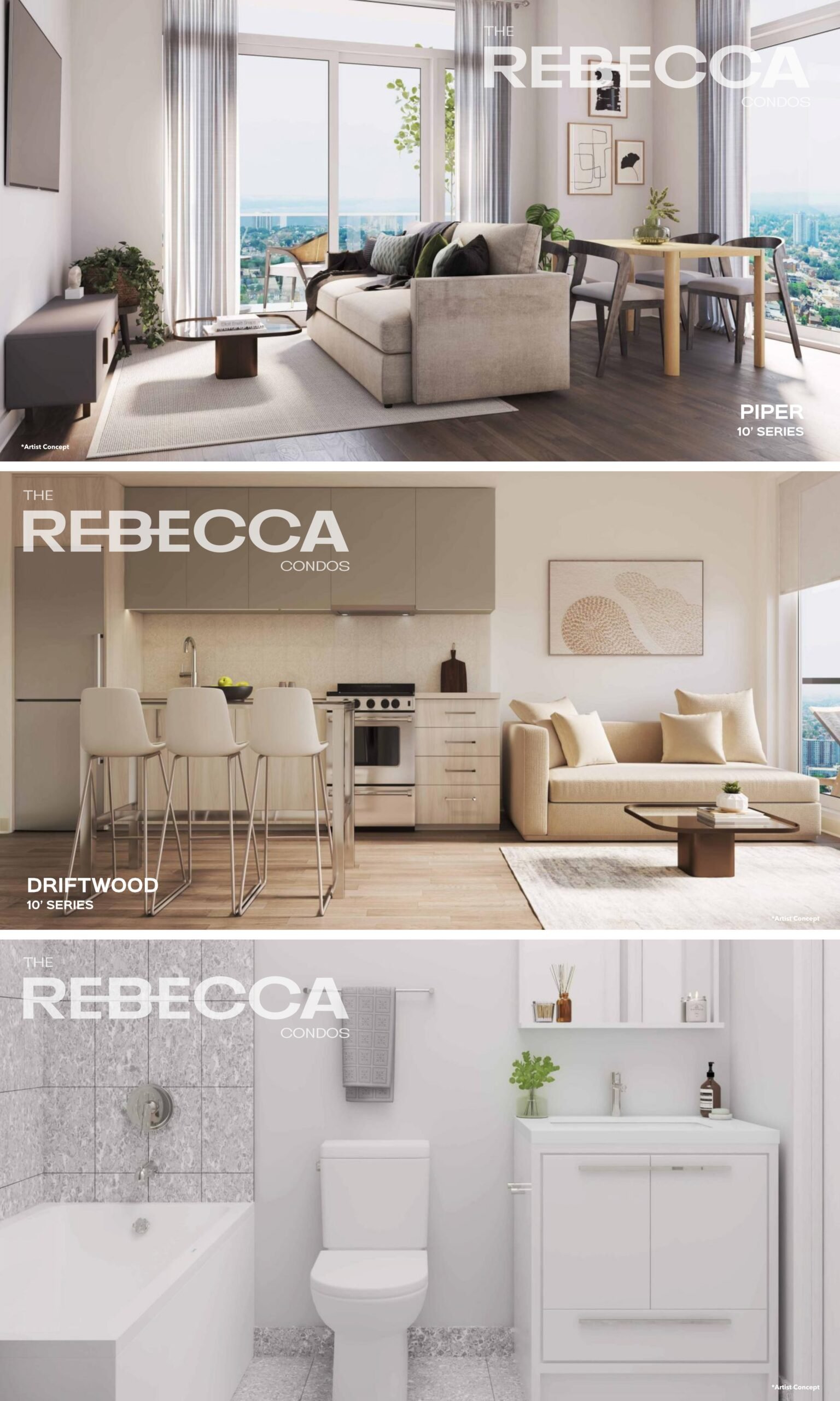 A multi-paneled image showcases three modern, open-concept condo interiors from "The Rebecca" series, highlighting sought-after new condos in GTA. Top: Living room with large windows. Middle: Kitchen with bar stools and adjacent seating area. Bottom: Minimalist bathroom with a bathtub, toilet, and vanity.