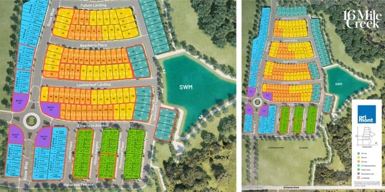A colorful, labeled site map shows the layout of 16 Mile Creek development with various residential lots marked by different colors in sections like Tulum Landing, Beverley Place, Lakeshore Landing, and The Bowery. The map highlights a central lake labeled "SWH." Explore new homes in GTA.