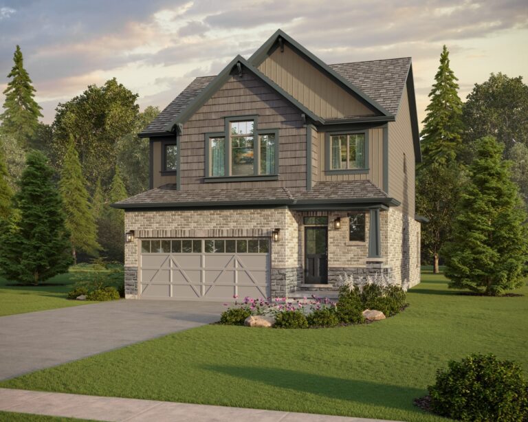 Discover new homes in Collingwood featuring a charming two-story house with a gray exterior, large windows, and a double garage. Surrounded by a well-maintained lawn, blooming flowers, and tall trees under a partly cloudy sky, it's the ideal blend of nature and modern living.