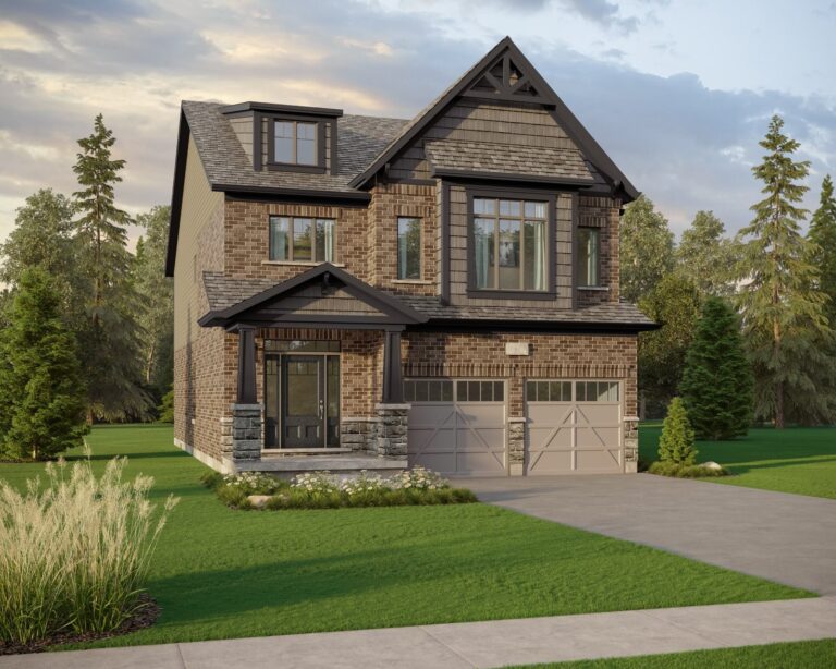 A two-story brick house with a gabled roof and two-car garage is set in a landscaped yard. This gem, among the new homes in Collingwood, is surrounded by tall trees and rests under a partly cloudy sky. The driveway gracefully leads to the main entrance, beautifully framed with stone accents.