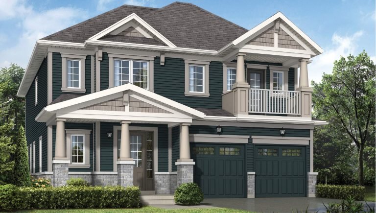 A two-story house with green siding, white trim, and a gray shingled roof in one of the new homes in GTA. It features large windows, a double garage, and a front porch with columns. The surrounding area is landscaped with shrubs and a lawn under a clear blue sky.