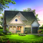 A charming new home with a steep roof, circular window, and green doors stands amid a lush garden. The sky is a gradient of blue and pink, suggesting sunrise or sunset. Surrounding trees and manicured lawns complete the serene setting in this pre-construction gem.