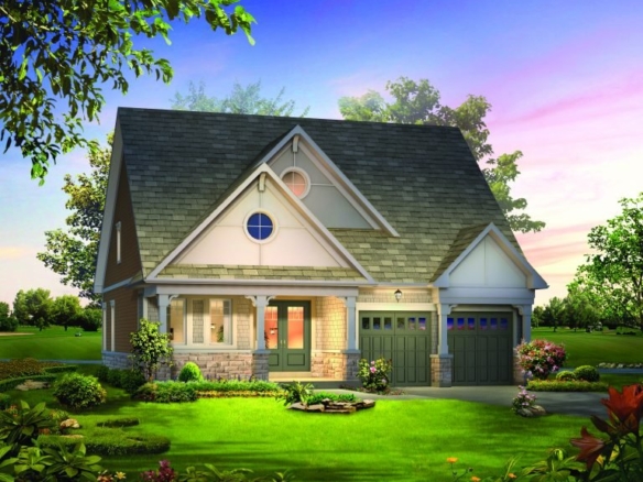 A charming new home with a steep roof, circular window, and green doors stands amid a lush garden. The sky is a gradient of blue and pink, suggesting sunrise or sunset. Surrounding trees and manicured lawns complete the serene setting in this pre-construction gem.
