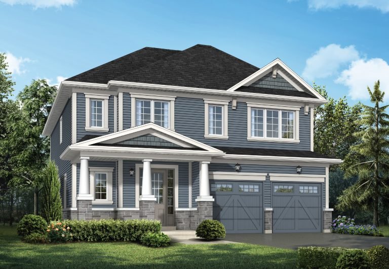 A charming two-story suburban house with blue siding and white trim, resembling new homes in the GTA. It features a covered porch with columns, two garage doors, and a neatly landscaped front yard. The sky is clear with a few clouds, framed by trees in the background.