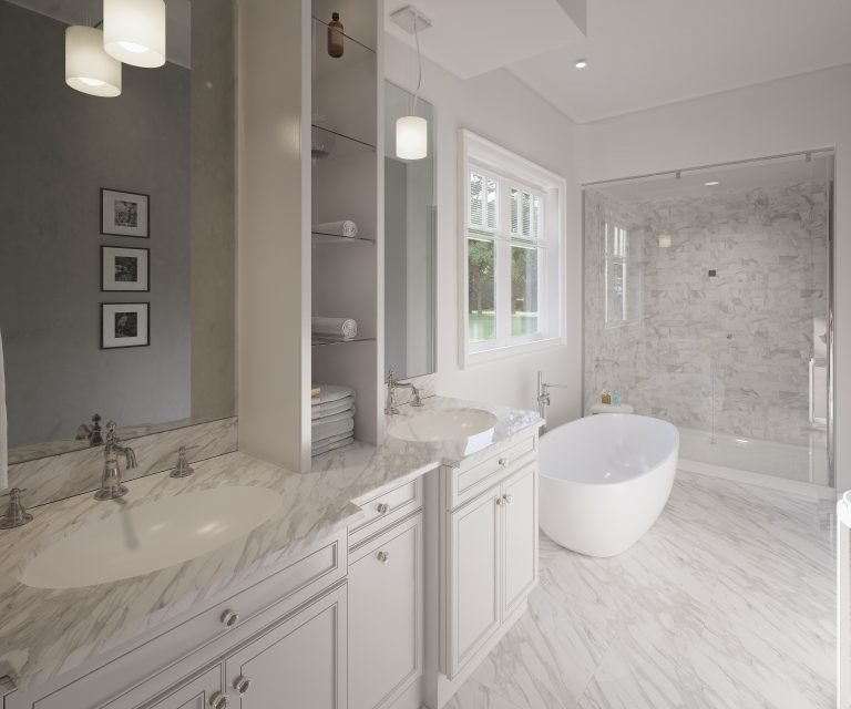A modern bathroom in one of the new condos in GTA features a white marble floor, a double sink vanity with marble countertops, stacked towels, a freestanding oval bathtub, a glass-enclosed shower, and large windows letting in natural light.