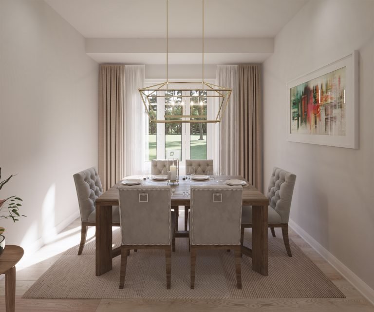 A modern dining room in one of the new homes in GTA features a wooden table set for six, with tufted gray chairs. A geometric chandelier hangs above, and a bright window with sheer curtains provides natural light. Abstract art decorates the wall, adding a creative touch.