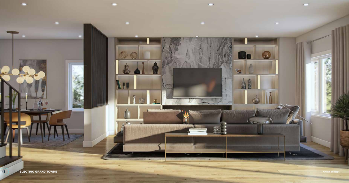 A modern living room with a large brown sectional sofa faces a wall-mounted TV. The wall showcases built-in shelves with decorative items. Bathed in natural light from windows and recessed ceiling lights, it exudes warmth. A dining area is visible to the left, ideal for those considering new condos in GTA. A modern living room with a large brown sectional sofa faces a wall-mounted TV. The wall showcases built-in shelves with decorative items. Bathed in natural light from windows and recessed ceiling lights, it exudes warmth. A dining area is visible to the left, ideal for those considering new condos in GTA.