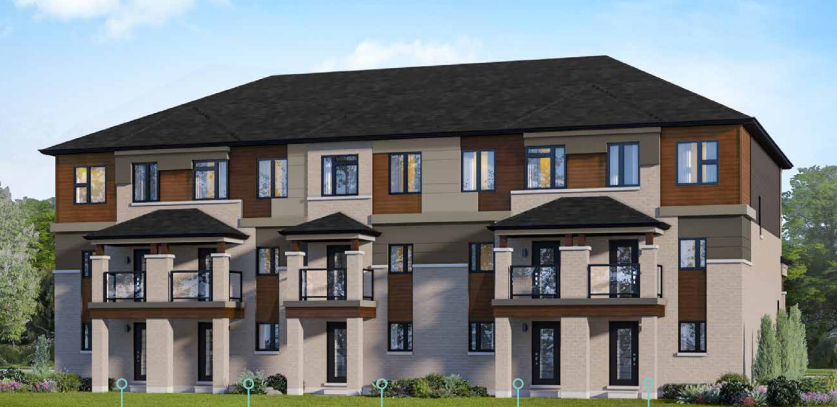 Explore our modern townhouse complex in Brampton, featuring three stories with a blend of brick and wood paneling. Each unit boasts a small balcony, large windows, and a black roof. The surrounding landscape is adorned with lush greenery beneath a clear blue sky.