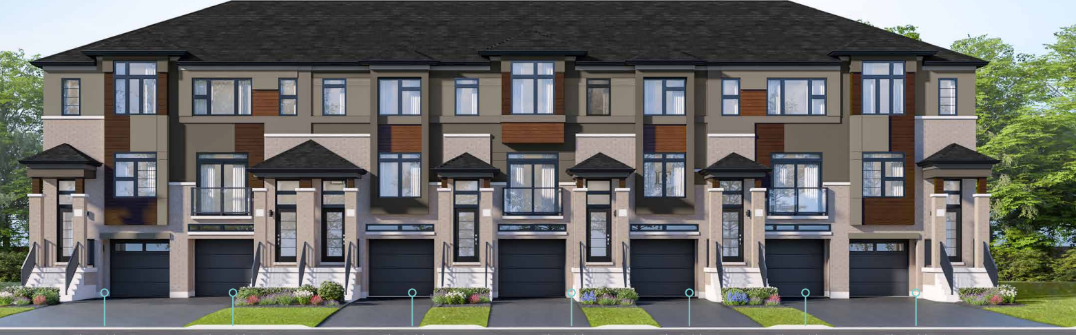 A row of new homes with dark roofs, large windows, and varied paneling in neutral shades. Each unit features a black garage door and a small landscaped front yard with grass and flowers. Trees provide a lush backdrop, enhancing the appeal of this modern community. A row of new homes with dark roofs, large windows, and varied paneling in neutral shades. Each unit features a black garage door and a small landscaped front yard with grass and flowers. Trees provide a lush backdrop, enhancing the appeal of this modern community.