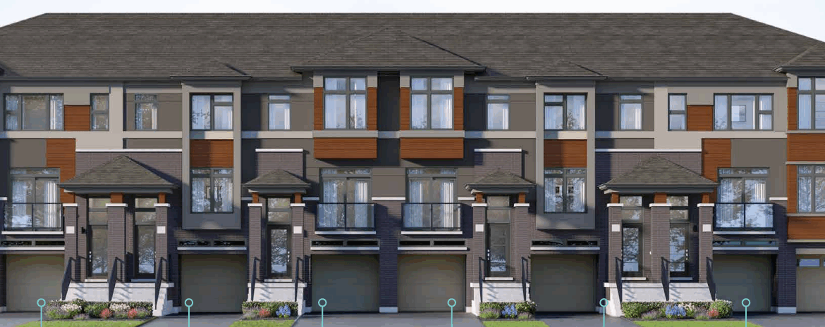 A row of modern townhouses with a mix of gray, brown, and beige panels. Each unit features large windows, a garage, and a small staircase to the entrance. Small landscaped areas in front enhance the appeal of these new condos in GTA.