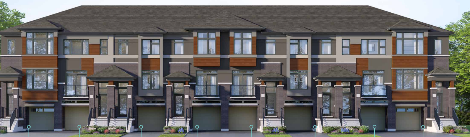 A row of modern townhouses with a mix of gray, brown, and beige panels. Each unit features large windows, a garage, and a small staircase to the entrance. Small landscaped areas in front enhance the appeal of these new condos in GTA. A row of modern townhouses with a mix of gray, brown, and beige panels. Each unit features large windows, a garage, and a small staircase to the entrance. Small landscaped areas in front enhance the appeal of these new condos in GTA.