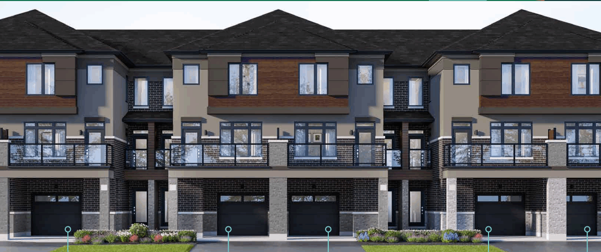 Discover a row of modern townhouses featuring brick and panel siding, large windows, and spacious balconies. Each unit offers a garage and driveway, nestled in a landscaped area with grass and shrubs. Ideal for those seeking new homes in the GTA with advanced design and comfort.